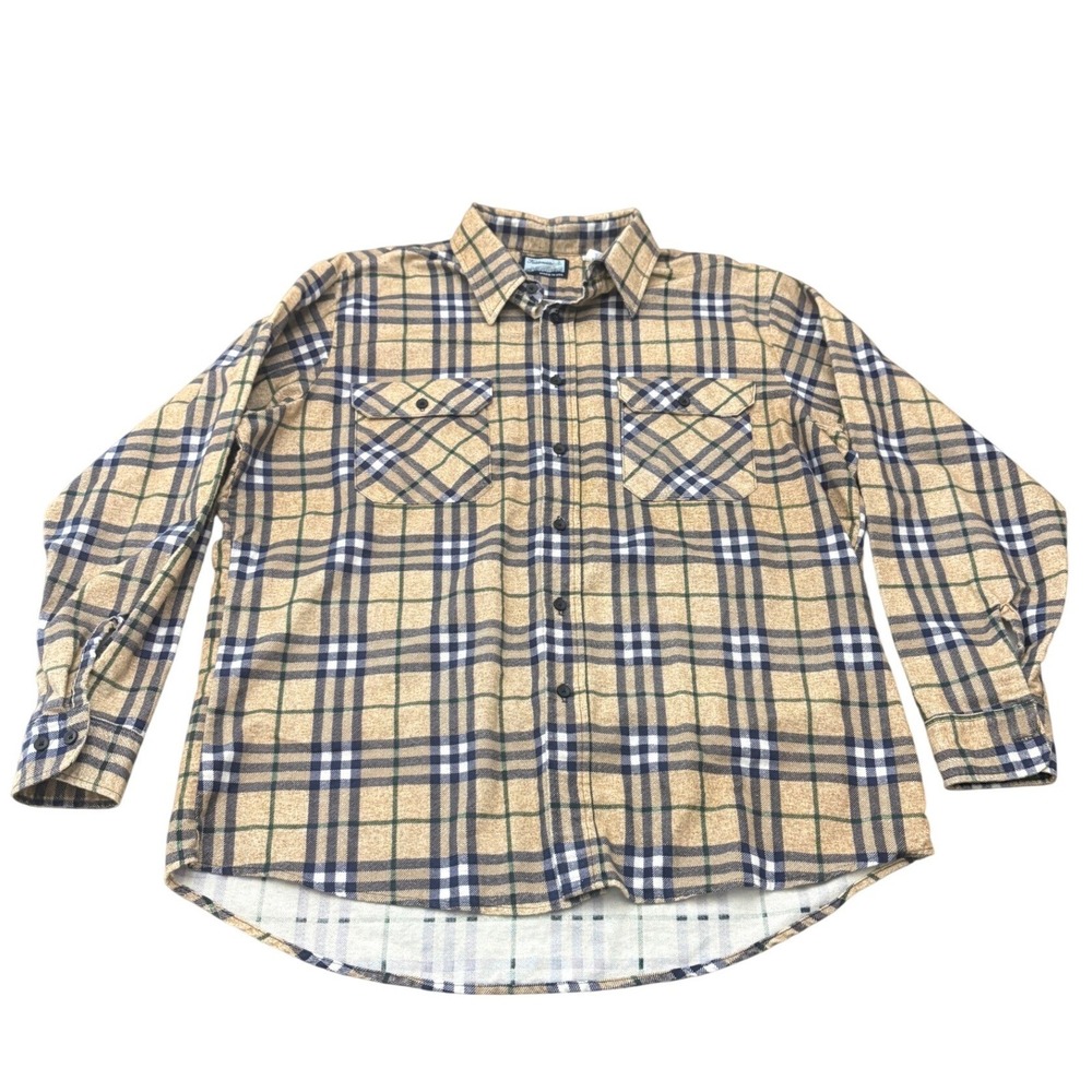 Fieldmaster Vintage Perma-Prest Flannel Shirt Mens XL Tan Blue Plaid USA Made